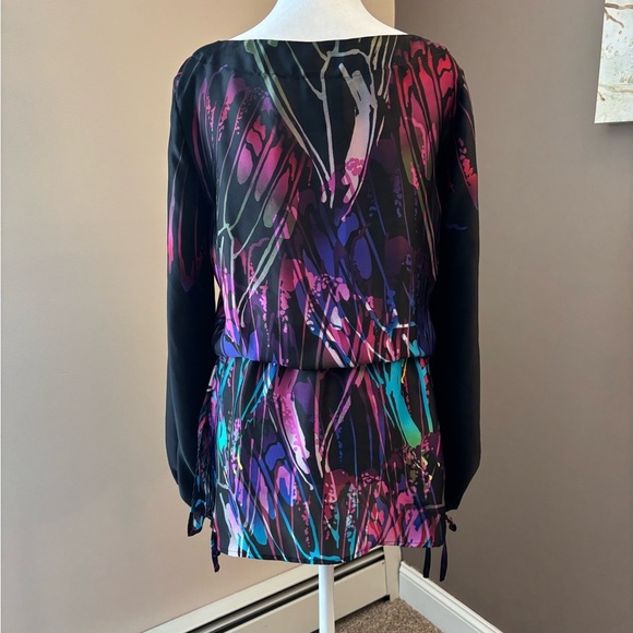 Bisou Bisou Abstract Print Tunic Blouse Sheer Sleeves Size S - Picture 4 of 9
